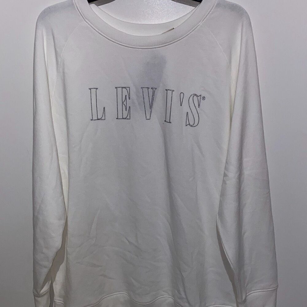 Levis Womens 2X White Long Sleeve Crew Neck Logo Sweatshirt Raglan Pullover